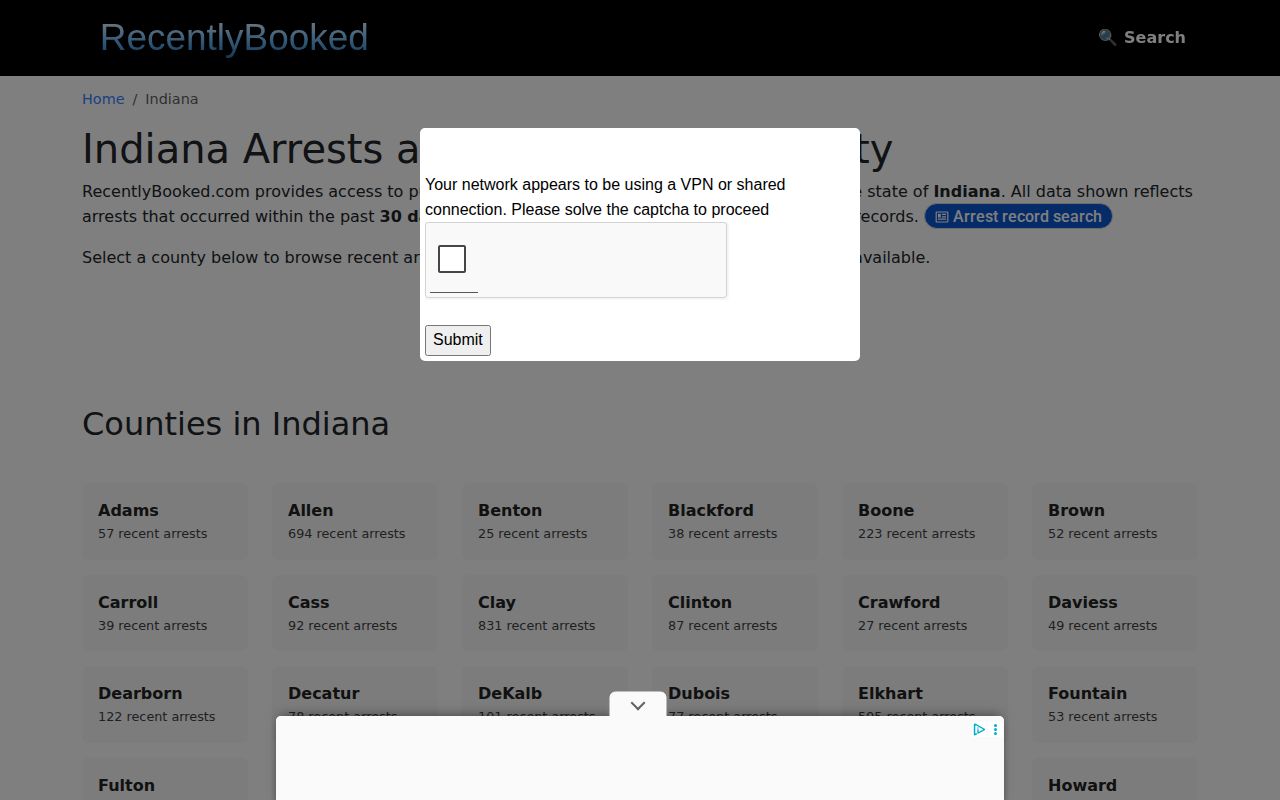Recently Booked Indiana directory without Miami County mugshot coverage